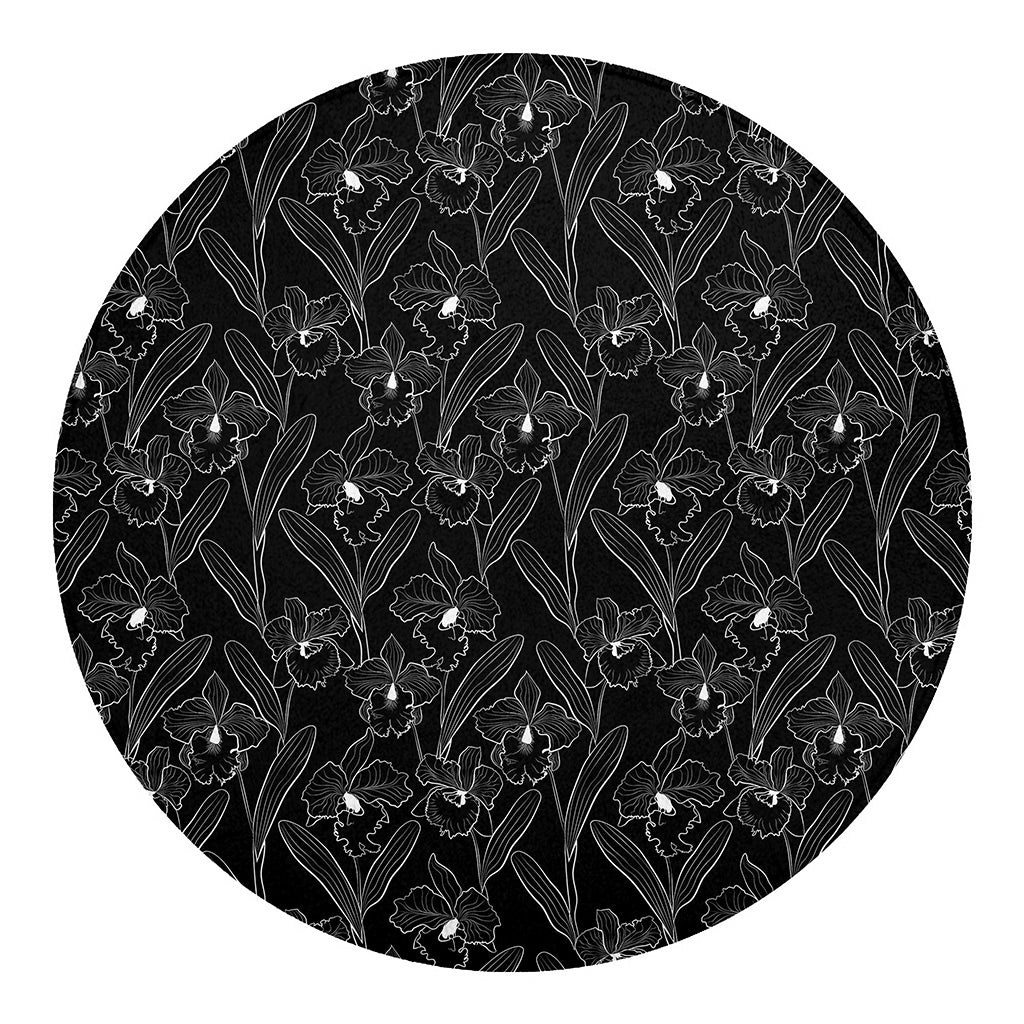 Black Cattleya Flower Pattern Print Round Blanket