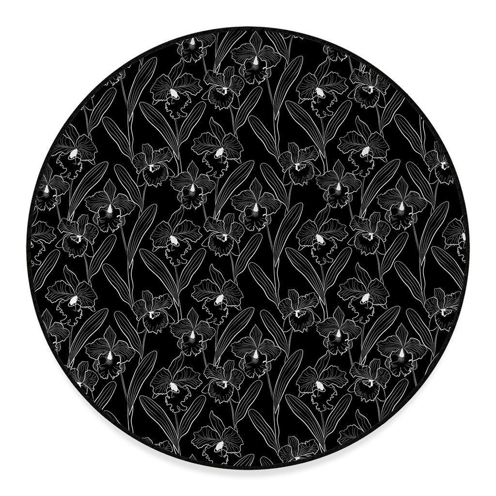 Black Cattleya Flower Pattern Print Round Floor Mat