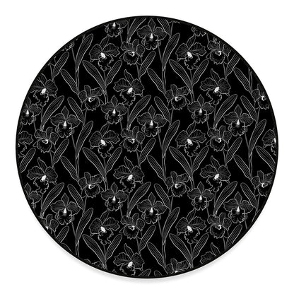 Black Cattleya Flower Pattern Print Round Floor Mat