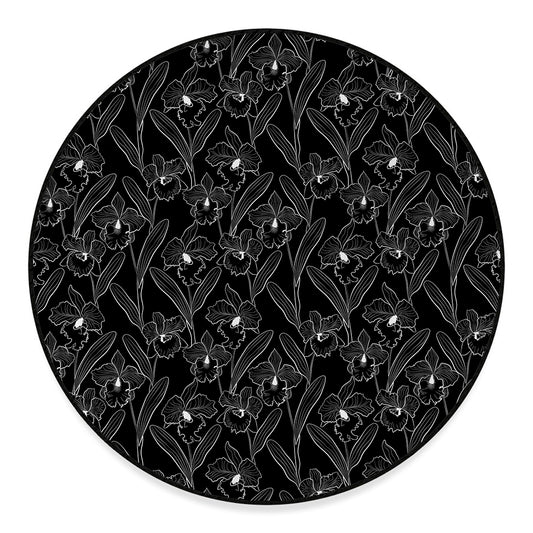 Black Cattleya Flower Pattern Print Round Floor Mat