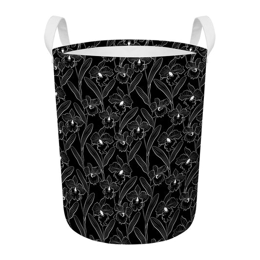 Black Cattleya Flower Pattern Print Round Laundry Basket