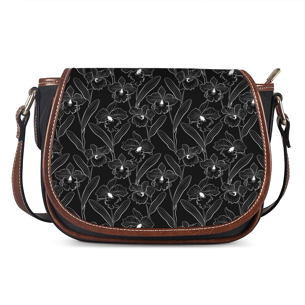 Black Cattleya Flower Pattern Print Saddle Bag