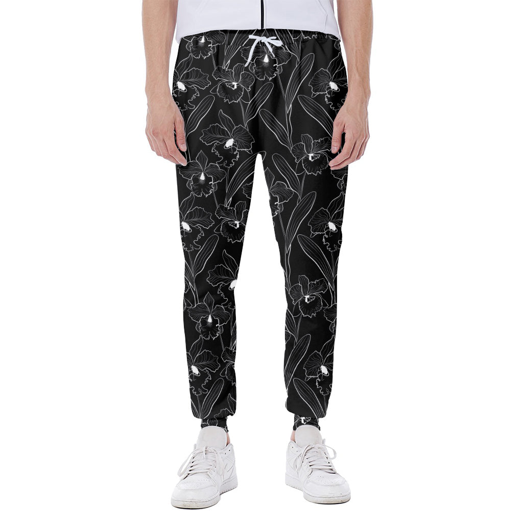 Black Cattleya Flower Pattern Print Scuba Joggers