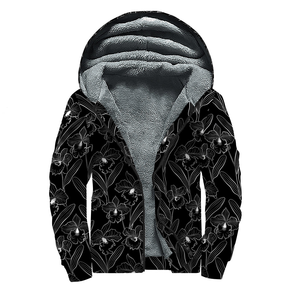 Black Cattleya Flower Pattern Print Sherpa Lined Zip Up Hoodie