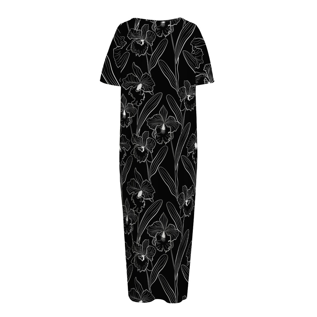 Black Cattleya Flower Pattern Print Short Sleeve Long Nightdress