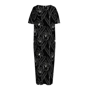 Black Cattleya Flower Pattern Print Short Sleeve Long Nightdress