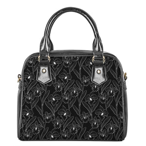 Black Cattleya Flower Pattern Print Shoulder Handbag