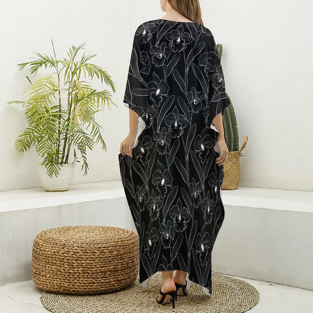 Black Cattleya Flower Pattern Print Silk V-Neck Kaftan Dress