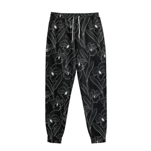 Black Cattleya Flower Pattern Print Sweatpants