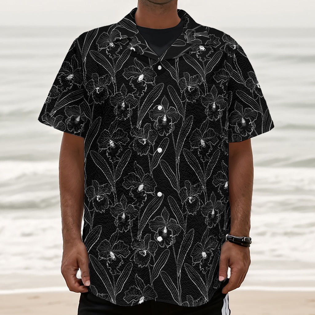 Black Cattleya Flower Pattern Print Textured Short Sleeve Shirt