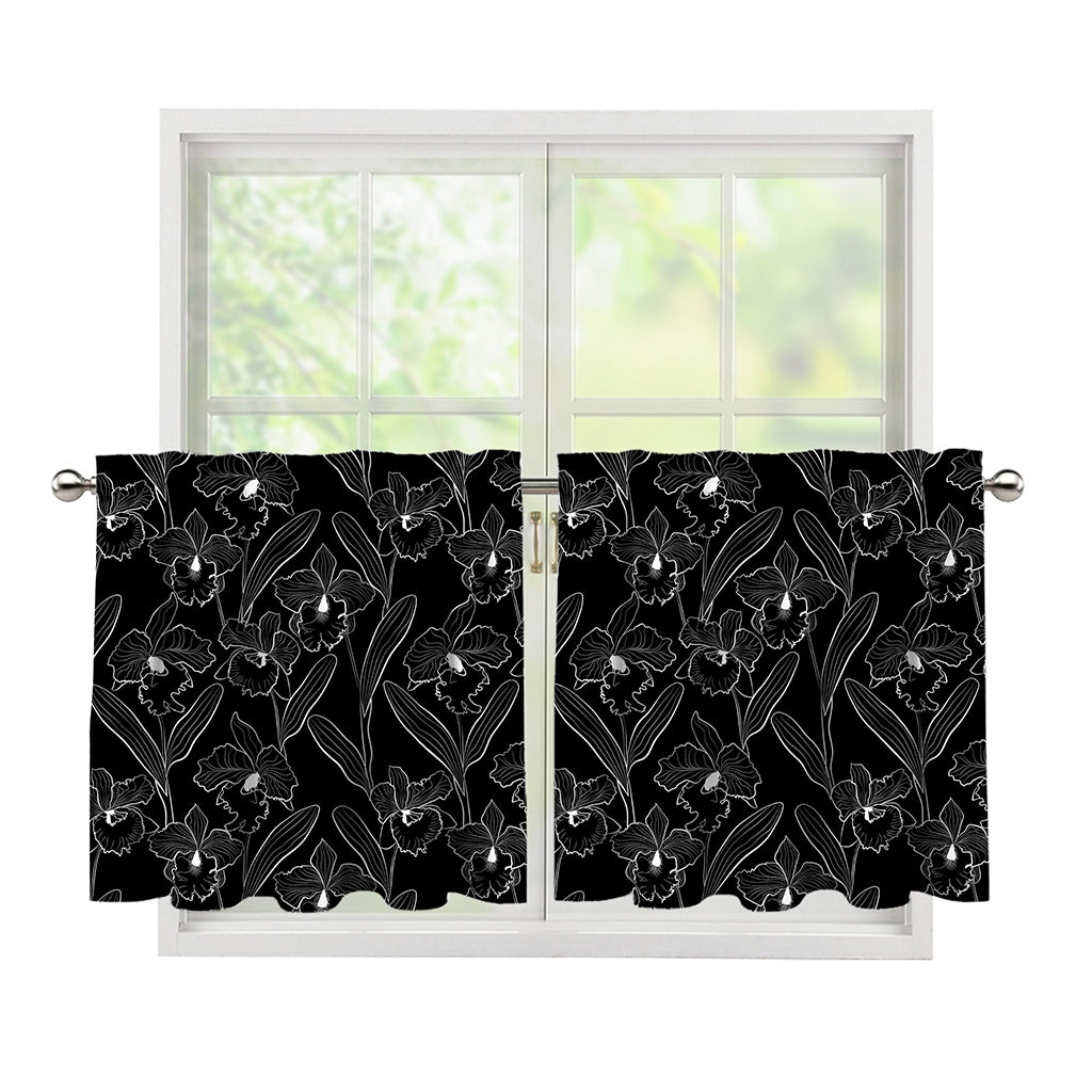Black Cattleya Flower Pattern Print Tier Curtains