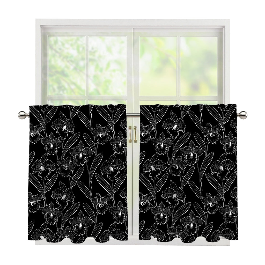 Black Cattleya Flower Pattern Print Tier Curtains