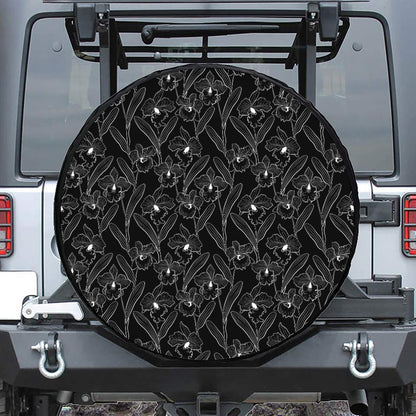 Black Cattleya Flower Pattern Print Tire Cover