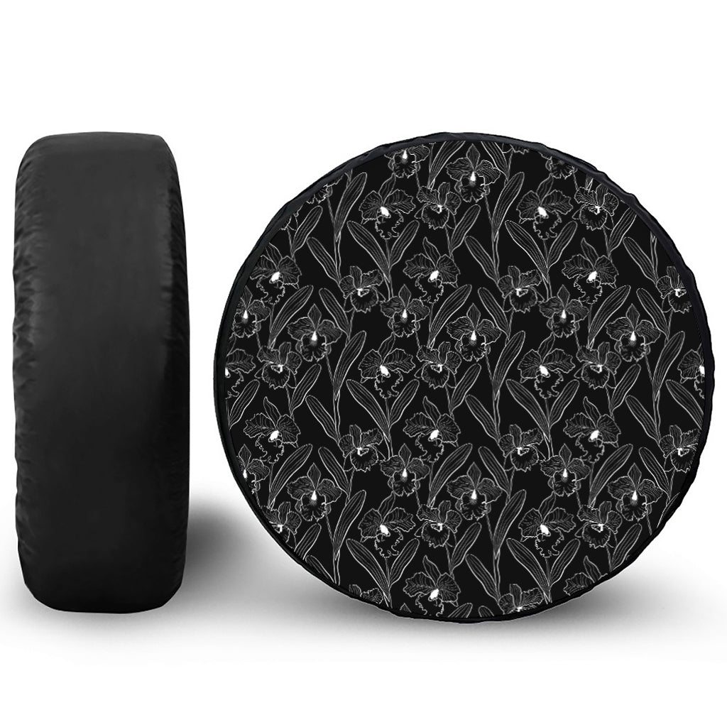 Black Cattleya Flower Pattern Print Tire Cover