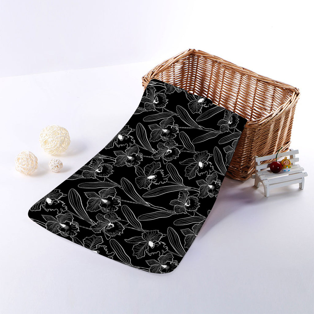 Black Cattleya Flower Pattern Print Towel