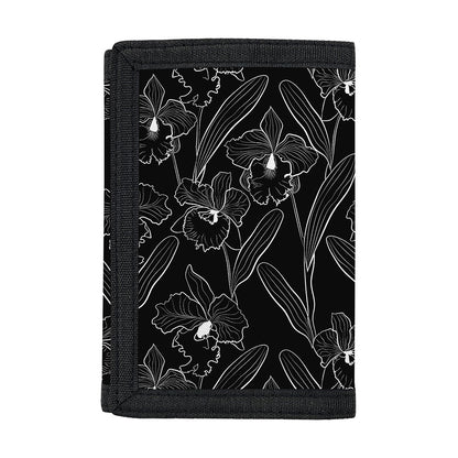 Black Cattleya Flower Pattern Print Trifold Wallet