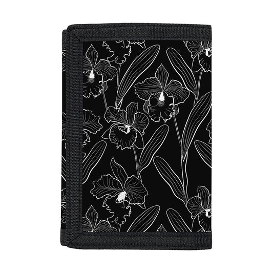 Black Cattleya Flower Pattern Print Trifold Wallet