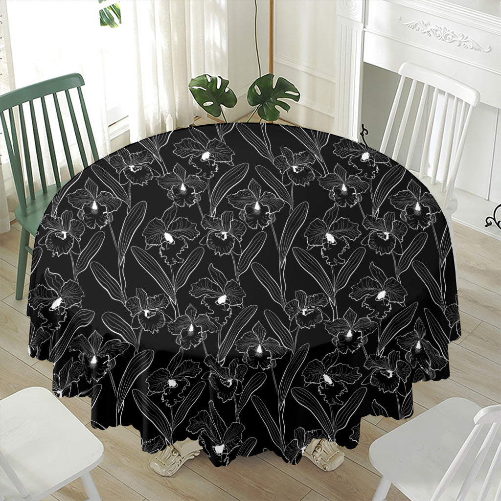 Black Cattleya Flower Pattern Print Waterproof Round Tablecloth