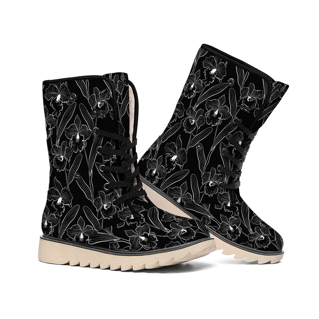 Black Cattleya Flower Pattern Print Winter Boots