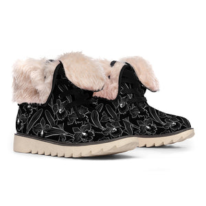 Black Cattleya Flower Pattern Print Winter Boots