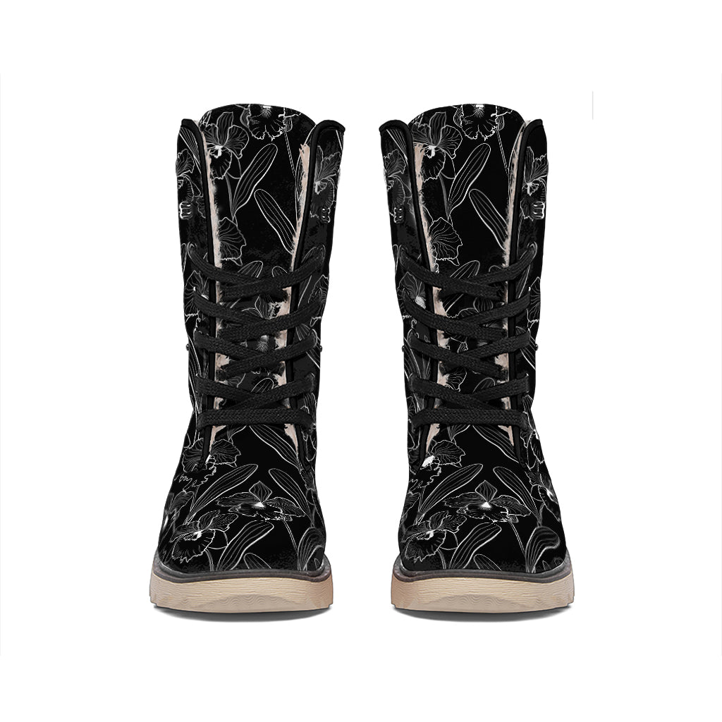 Black Cattleya Flower Pattern Print Winter Boots