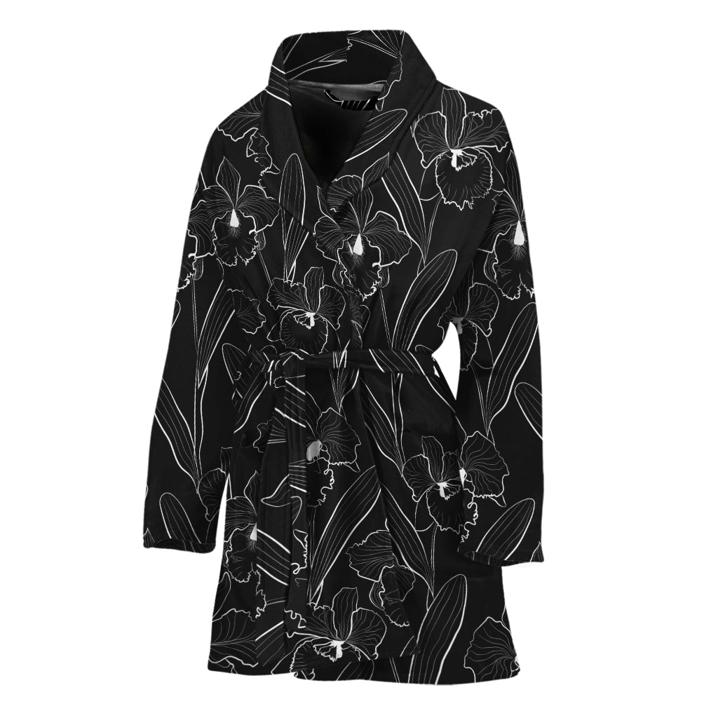 Black Cattleya Flower Pattern Print Women's Bathrobe