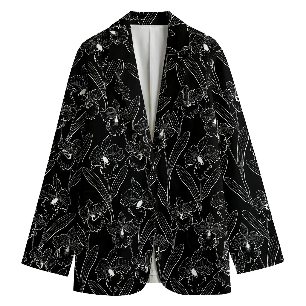 Black Cattleya Flower Pattern Print Women's Blazer