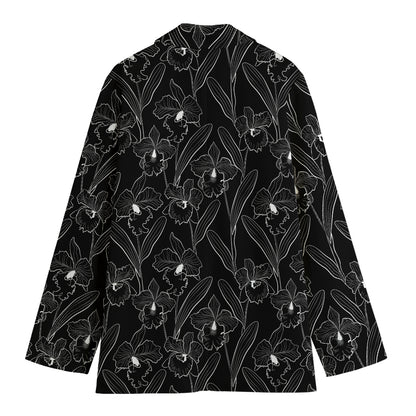 Black Cattleya Flower Pattern Print Women's Blazer