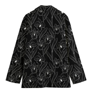 Black Cattleya Flower Pattern Print Women's Blazer