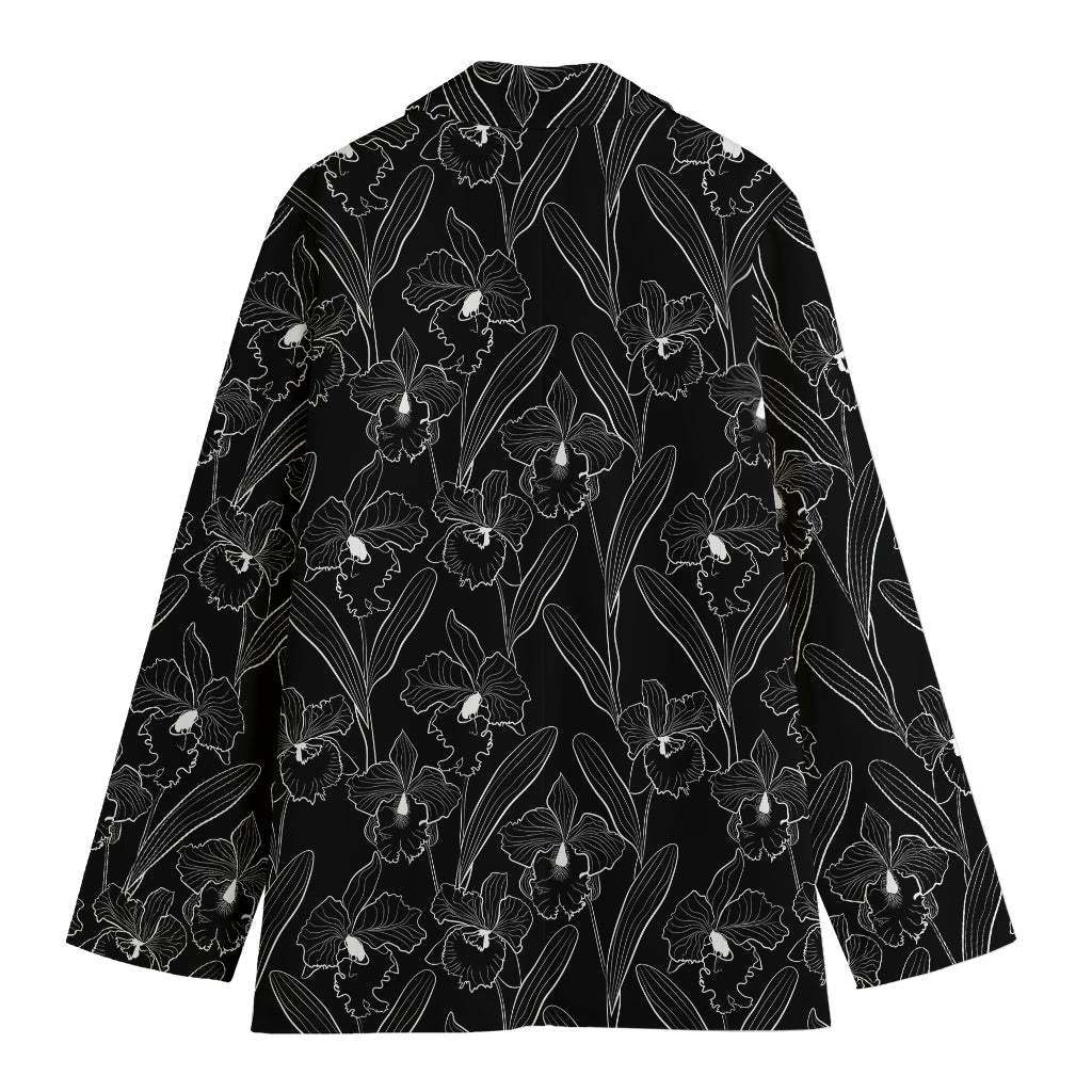 Black Cattleya Flower Pattern Print Women's Cotton Blazer