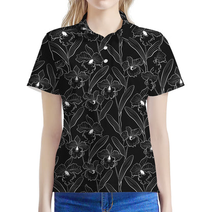 Black Cattleya Flower Pattern Print Women's Polo Shirt