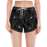 Black Cattleya Flower Pattern Print Women's Split Running Shorts