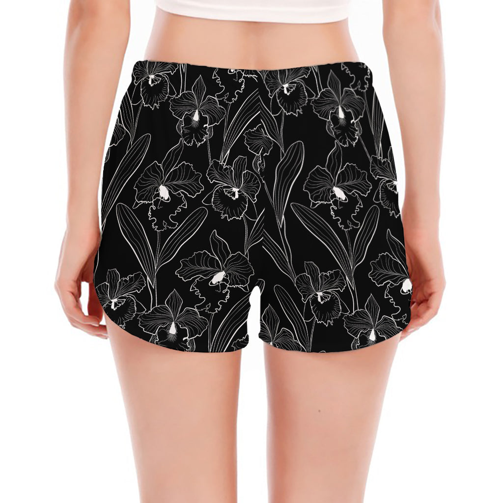 Black Cattleya Flower Pattern Print Women's Split Running Shorts