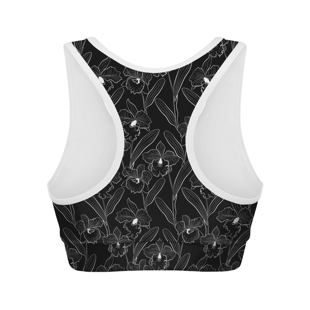 Black Cattleya Flower Pattern Print Women's Sports Bra