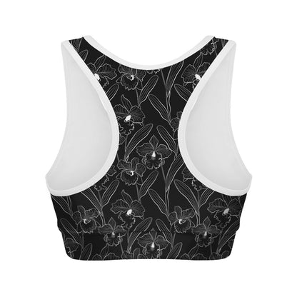 Black Cattleya Flower Pattern Print Women's Sports Bra