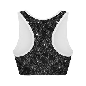 Black Cattleya Flower Pattern Print Women's Sports Bra