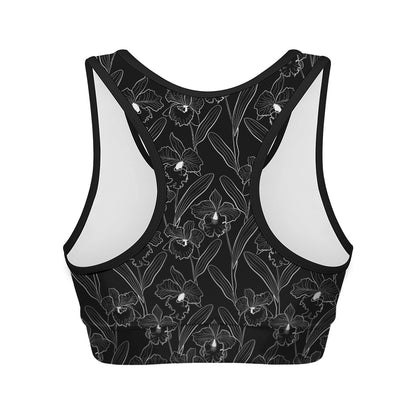 Black Cattleya Flower Pattern Print Women's Sports Bra