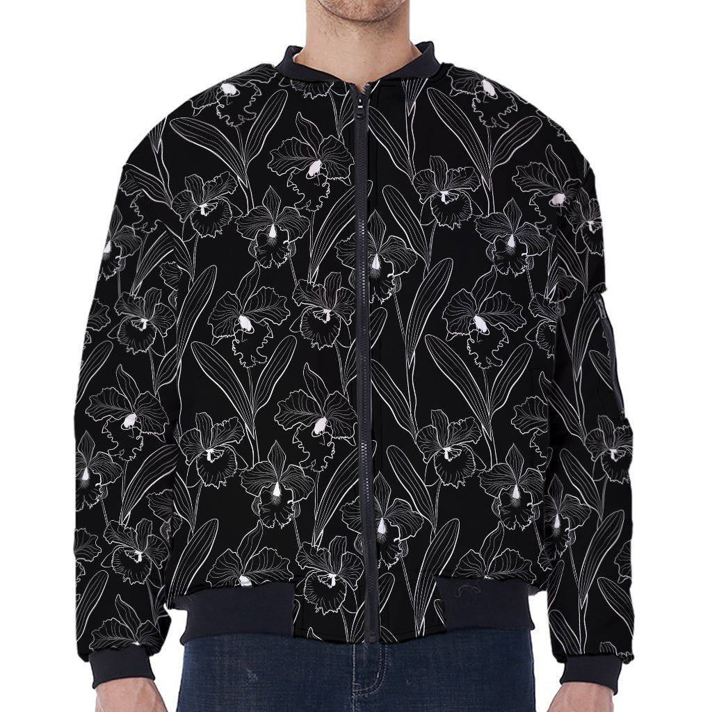 Black Cattleya Flower Pattern Print Zip Sleeve Bomber Jacket