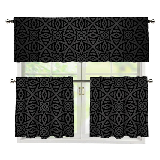 Black Celtic Symbol Pattern Print 3 Piece Kitchen Curtains