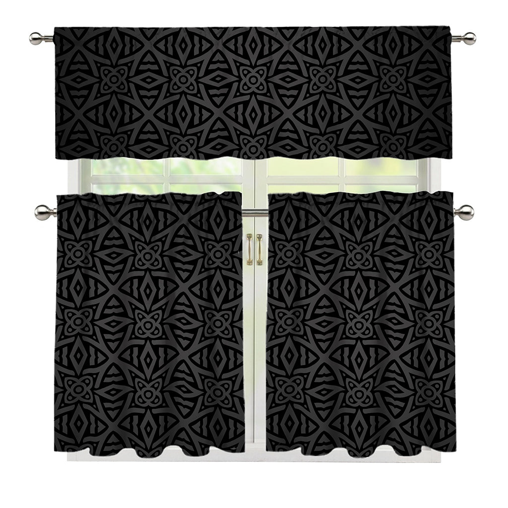 Black Celtic Symbol Pattern Print 3 Piece Kitchen Curtains