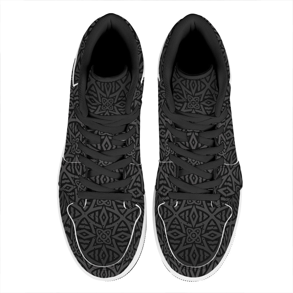 Black Celtic Symbol Pattern Print High Top Leather Sneakers