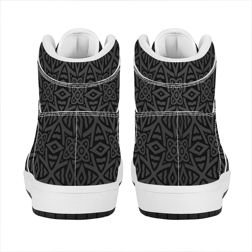 Black Celtic Symbol Pattern Print High Top Leather Sneakers