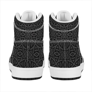 Black Celtic Symbol Pattern Print High Top Leather Sneakers