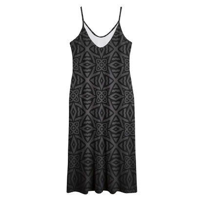 Black Celtic Symbol Pattern Print Jersey Midi Cami Dress