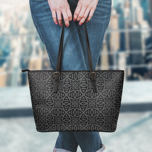 Black Celtic Symbol Pattern Print Leather Tote Bag