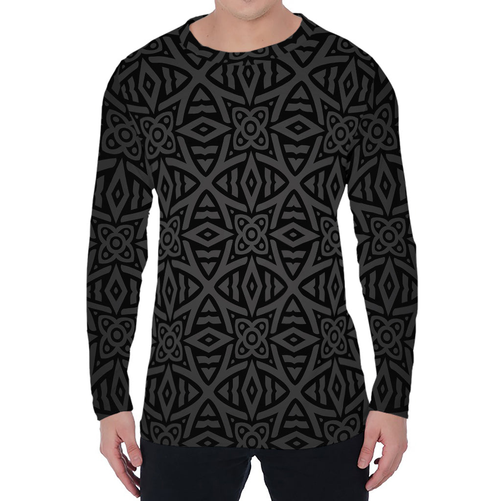 Black Celtic Symbol Pattern Print Men's Long Sleeve T-Shirt