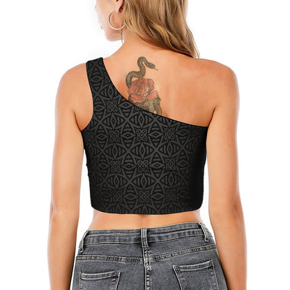 Black Celtic Symbol Pattern Print One Shoulder Crop Top