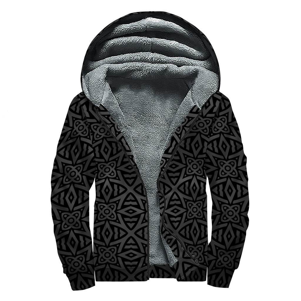 Black Celtic Symbol Pattern Print Sherpa Lined Zip Up Hoodie