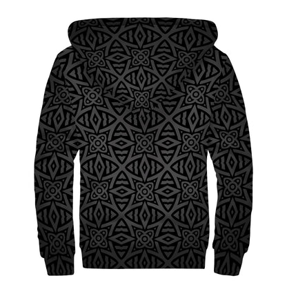 Black Celtic Symbol Pattern Print Sherpa Lined Zip Up Hoodie