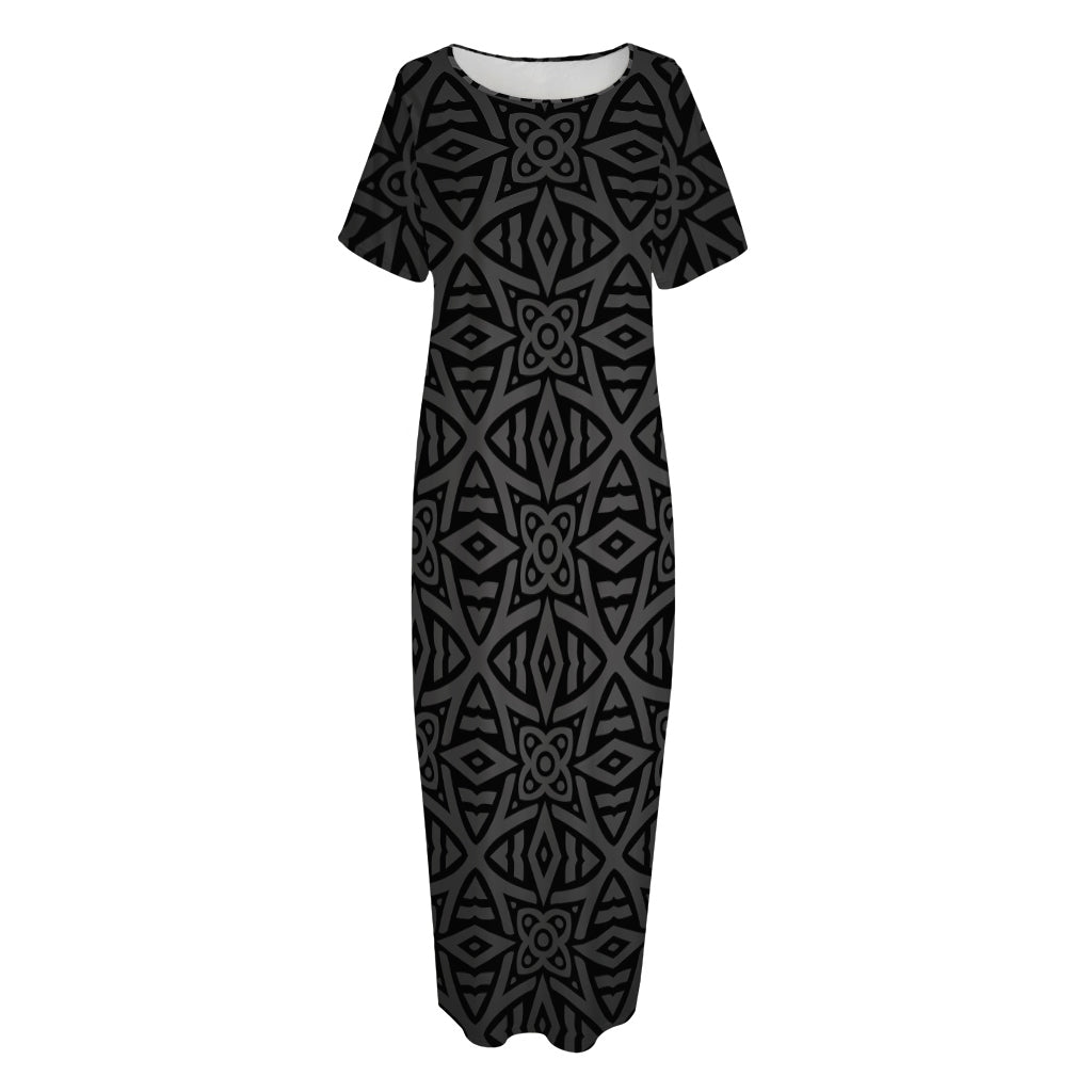 Black Celtic Symbol Pattern Print Short Sleeve Long Nightdress